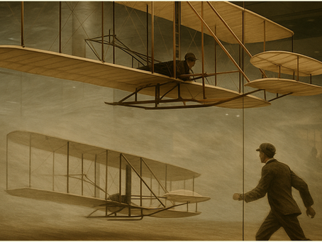 Sepia-toned image of a museum installation featuring Wright Flyer replicas suspended in air, with a mannequin of a man walking beneath them through a hazy, windswept display—evoking the memory of flight and early aviation history.