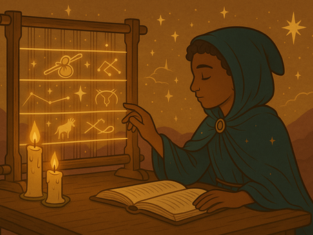 A young mystic named Adonis sits before a glowing cosmic loom, threads of starlight forming tarot symbols and mythic constellations around him. Warm candlelight and muted gold tones illuminate the scene, creating a quiet, scholarly, magical atmosphere.
