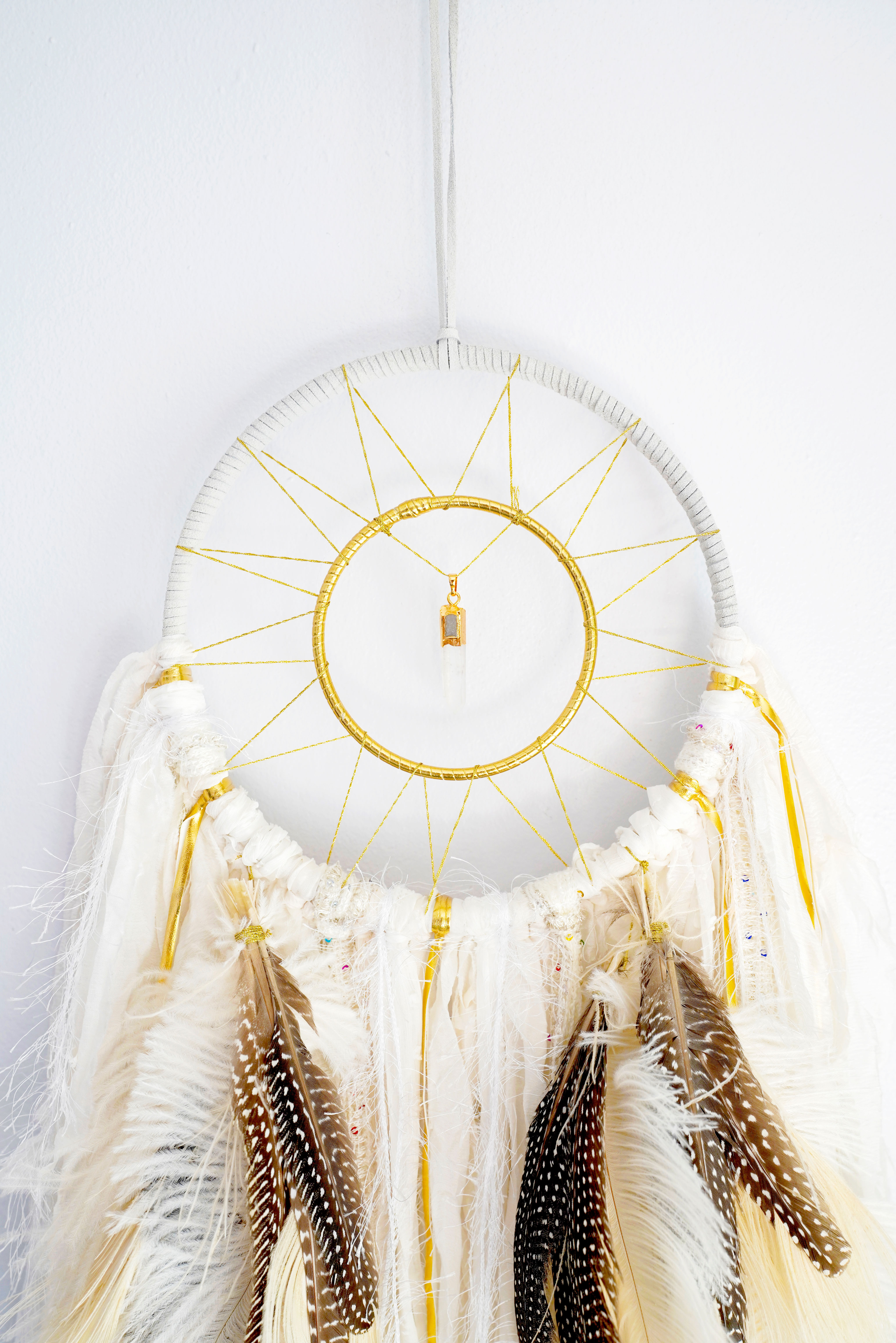 SOLD - White Quartz Crystal Dream catcher ~ 8" SandSilkSky ~ Boho Spring Decor
