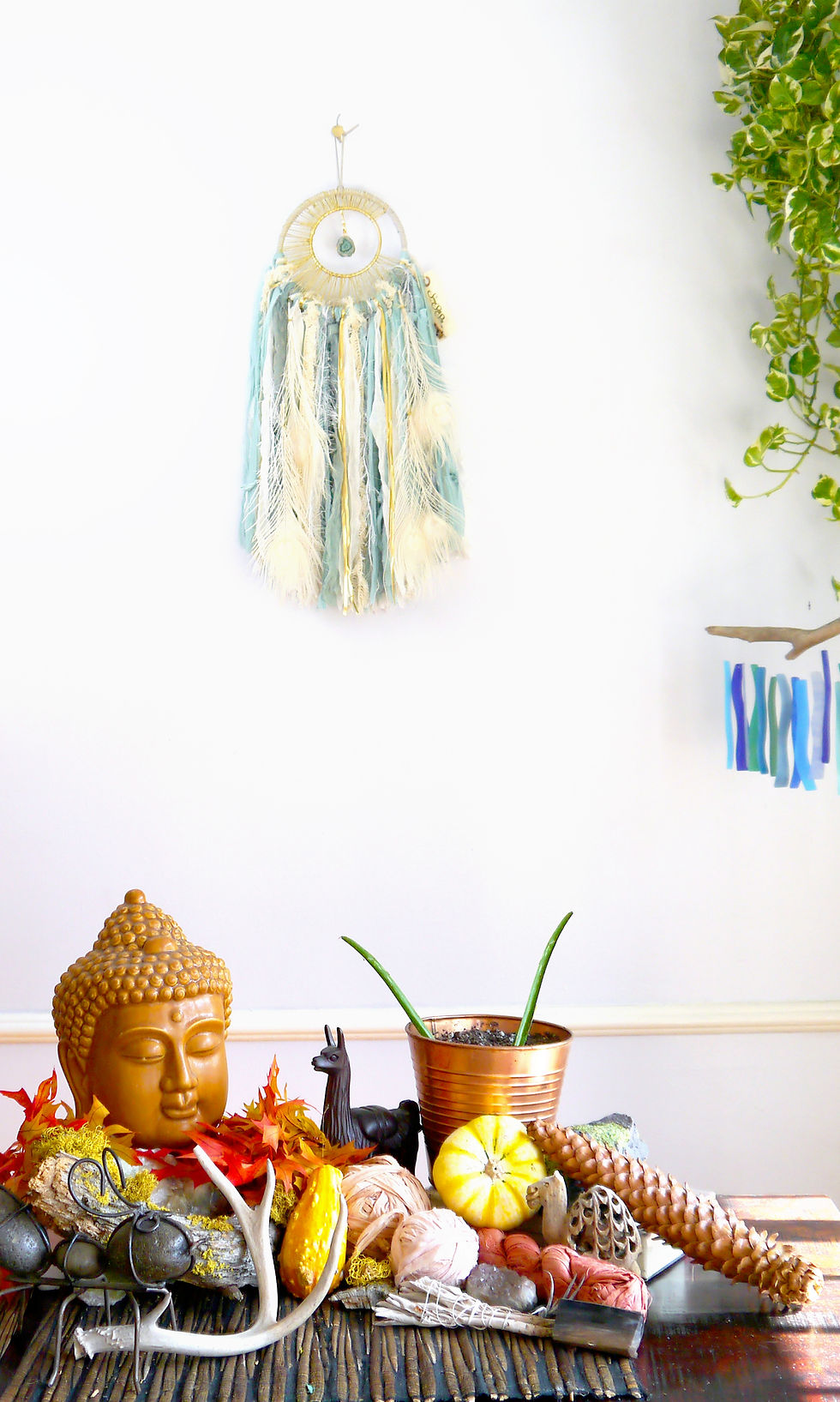 Thumbnail: Golden Moon Beam + Teal Solar Quartz Dreamcatcher