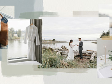 Editorial collage showing a travel-friendly intimate ceremony near YVR with arrival, hotel stay, outdoor vows, and dinner in Richmond, BC