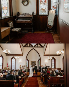Interior corner of Minoru Chapel showing vintage organ, wooden chair, and stained glass windows.
