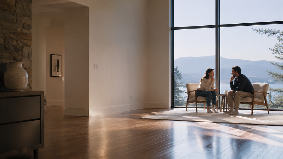 Couple having a thoughtful conversation about marriage in a modern home before planning their wedding