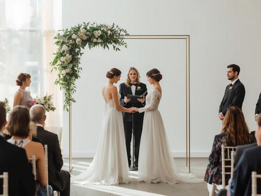Modern minimalist indoor wedding ceremony in Vancouver with soft daylight, simple floral accents, and a small group of guests gathered for an intimate celebration.