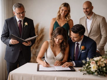 Wedding officiant overseeing a couple signing their marriage licence with two human witnesses in British Columbia.