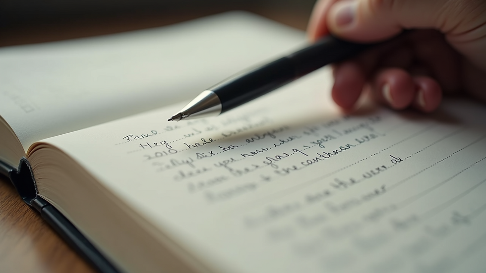 Eye-level view of a journal with handwritten notes and a pen