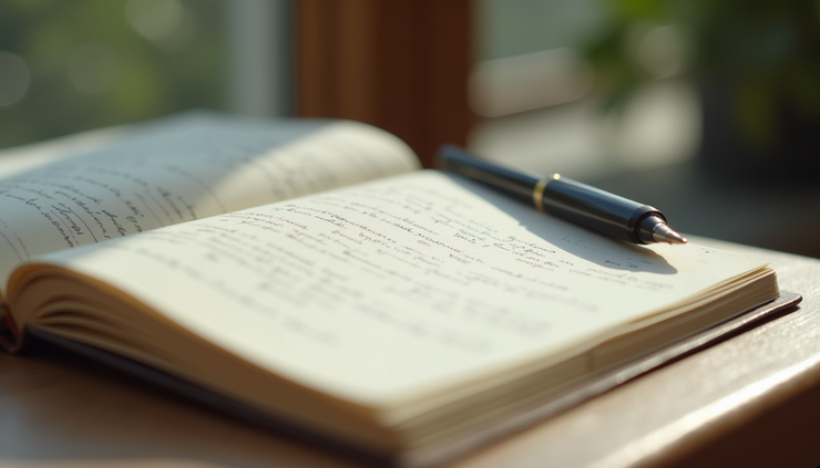 Close-up view of an open journal with handwritten notes and a pen on a wooden table