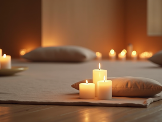 Eye-level view of a peaceful meditation space with candles and cushions.