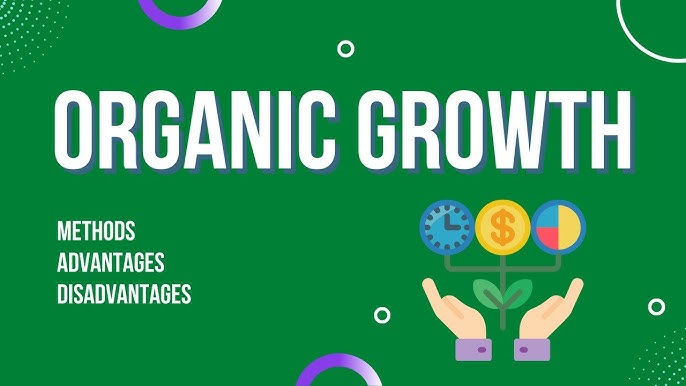 Green background with "ORGANIC GROWTH" text, hands holding icons of clock, dollar, and pie chart. Words: Methods, Advantages, Disadvantages.