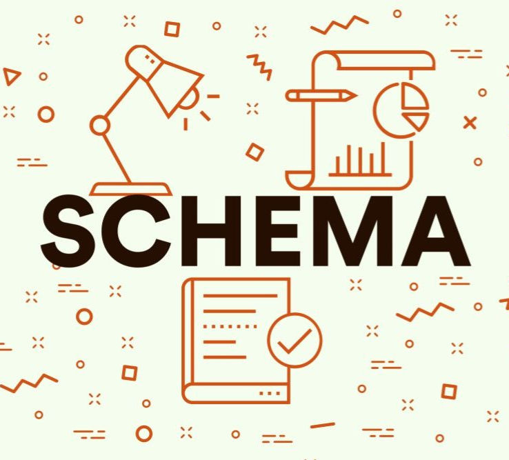 Stylized image with the word SCHEMA, featuring lamp, chart, and checklist icons in orange on a light background with geometric patterns.