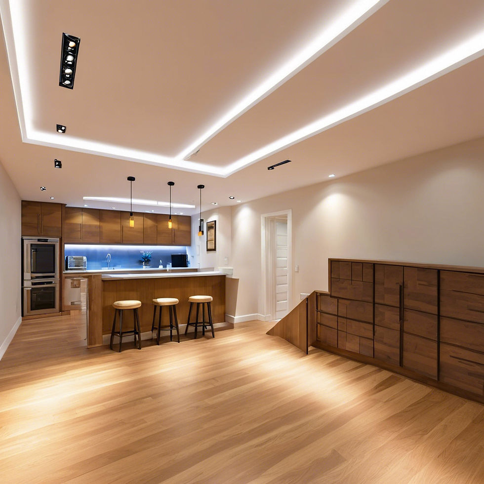 Modern kitchen with wooden floors, brown cabinets, and a white counter. Three stools are placed at the island. Bright, cozy lighting.