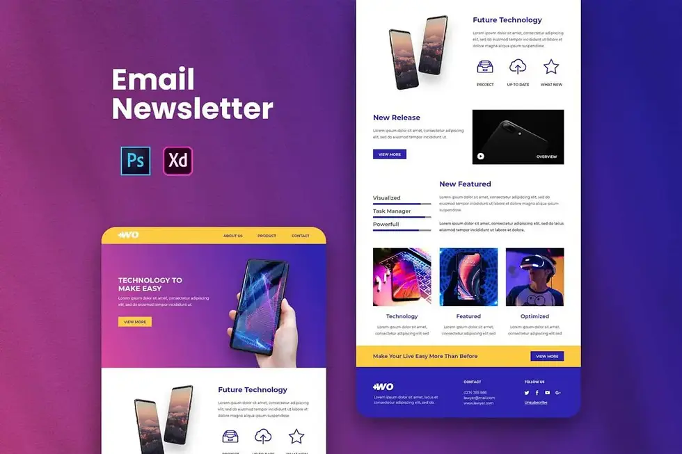 Email newsletter mockup on a purple background. Features tech images, headline "Technology to Make Easy," icons, and buttons.