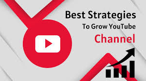 Red and gray background with YouTube icon, text "Best Strategies to Grow YouTube Channel," and upward graph. Mood: proactive.