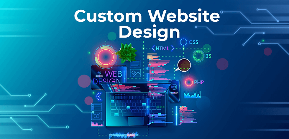 Futuristic website design theme with tech elements, blue background, and text: "Custom Website Design." Display of code and graphics.