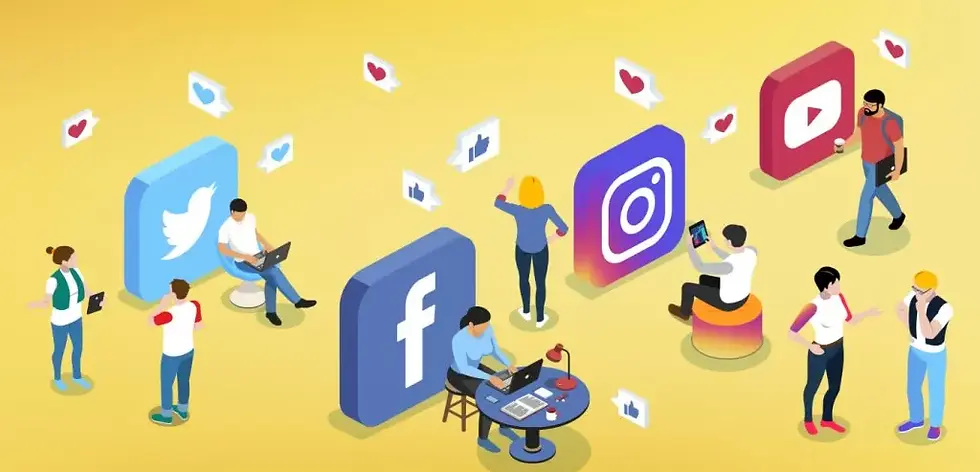 People interact with devices near social media icons: Twitter, Facebook, Instagram, YouTube. Floating likes and hearts on yellow background.
