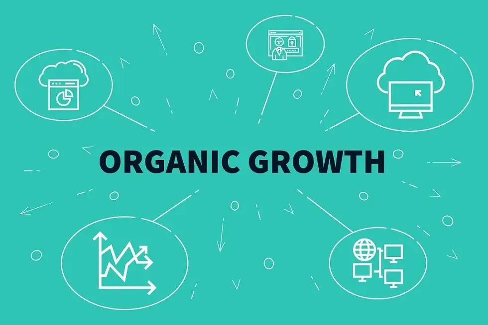 Organic Growth infographic on teal background with cloud and graph icons, network symbols, and arrows pointing outward, conveying connectivity.