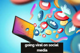 Laptop with vibrant social media icons like hearts and thumbs-up emerging, set against a blue background. Text: "going viral on social media."