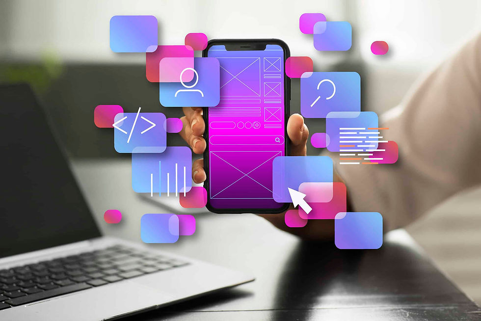 Hand holds smartphone with colorful app icons floating over a laptop. Purple and blue hues, with tech symbols and a modern vibe.