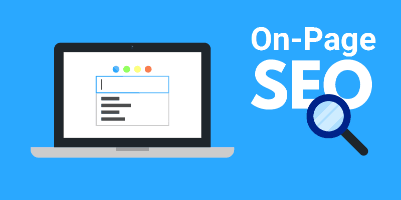Laptop with search bar icon on a blue background. Text: "On-Page SEO" with a magnifying glass. Simple, tech-focused design.