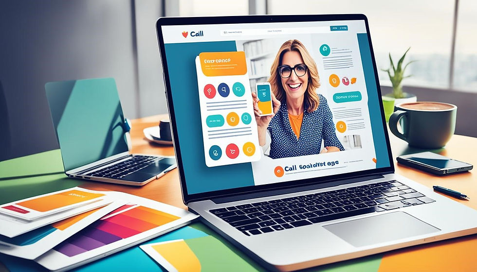 Smiling woman in video call on laptop, vibrant office desk with colorful charts, coffee, and plant. Bright, modern setting.