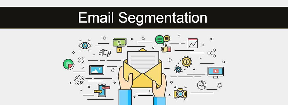 Hands holding an envelope with a letter surrounded by various icons, including charts and email symbols. "Email Segmentation" text above.