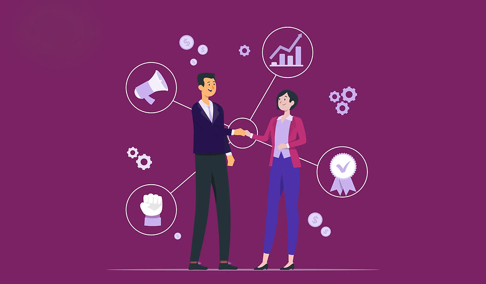Two people shaking hands on a purple background with business icons like graphs, a megaphone, and gears. Professional and collaborative mood.