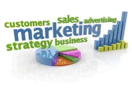 3D words like "marketing" and "sales" surround a colorful pie chart and bar graph, symbolizing business concepts and strategy.