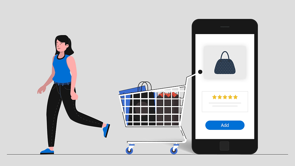 Woman in blue top and black pants walks beside a shopping cart. A smartphone displays a handbag with 5-star rating and "Add" button.