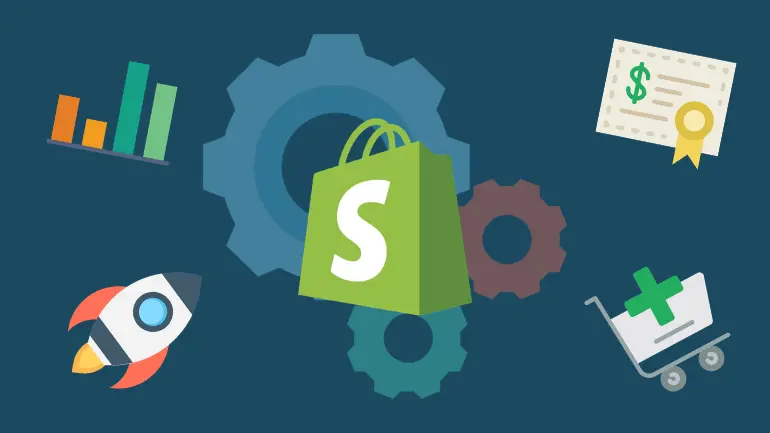 Shopify logo with gears, bar graph, rocket, shopping cart, and dollar certificate on dark background, representing e-commerce themes.