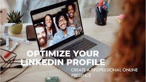 A laptop shows a video call with four smiling people. Text reads "Optimize Your LinkedIn Profile." A desk with pens is in the background.