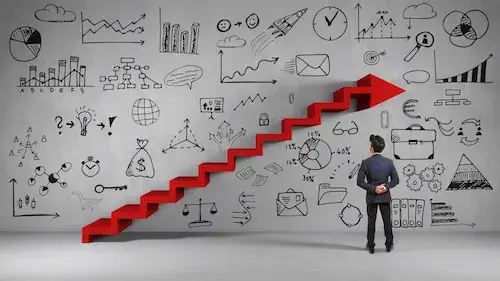 Man in a suit stands before a wall of business doodles, looking at a red arrow staircase symbolizing growth and planning on a gray background.
