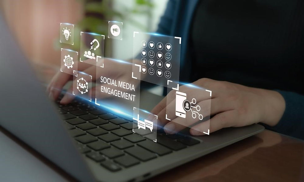 Hands typing on a laptop keyboard with floating icons and text reading "Social Media Engagement." Background is blurred, creating a tech-focused mood.
