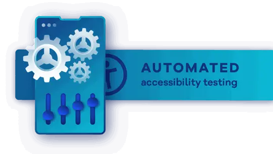 Blue gradient background with gears and sliders on a device screen. Text reads "AUTOMATED accessibility testing." Tech theme.