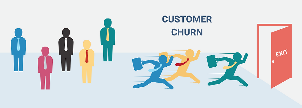 Illustration of diverse figures; three running towards a red door labeled "EXIT." Text reads "CUSTOMER CHURN." Blue, yellow colors.