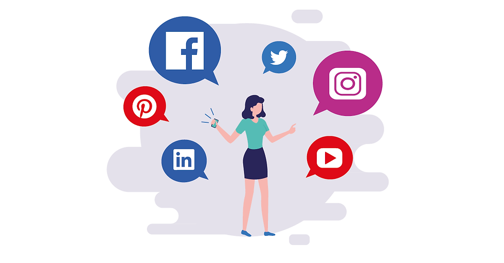 Woman holding a phone surrounded by social media icons: Facebook, Twitter, Instagram, Pinterest, LinkedIn, YouTube. White background.