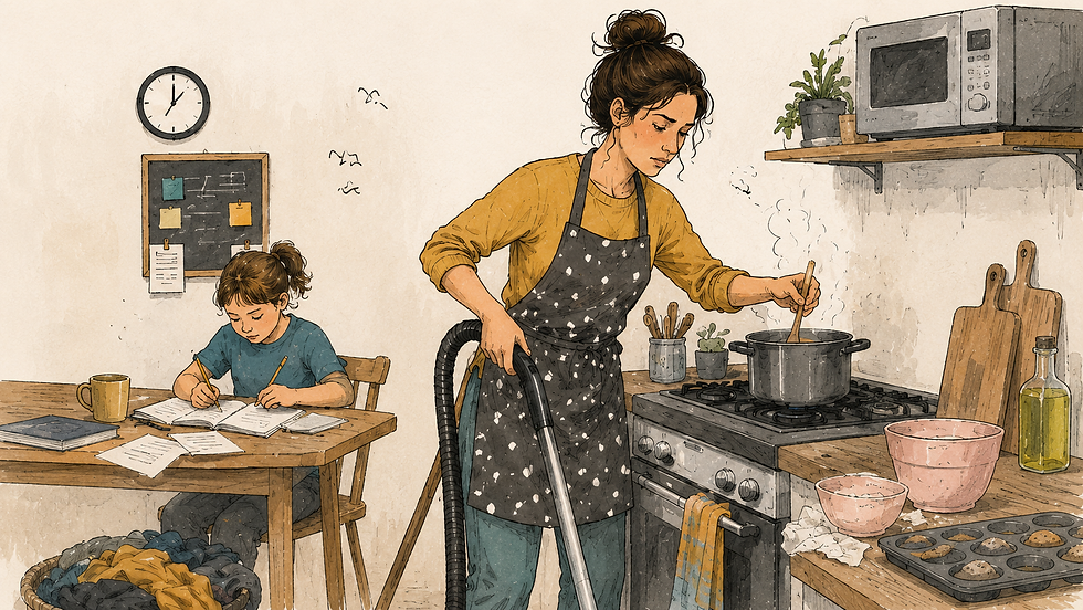 Illustratie van een vrouw die veel taken tegelijk probeert te regelen