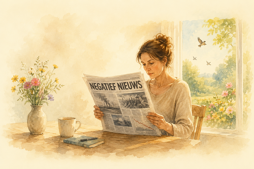 Illustratie van een vrouw die aan de keukentafel een krant met negatief nieuws leest, terwijl het zonlicht door het raam naar binnen schijnt. De afbeelding laat zien hoe aandacht voor negatief nieuws invloed kan hebben op hoe je je voelt.