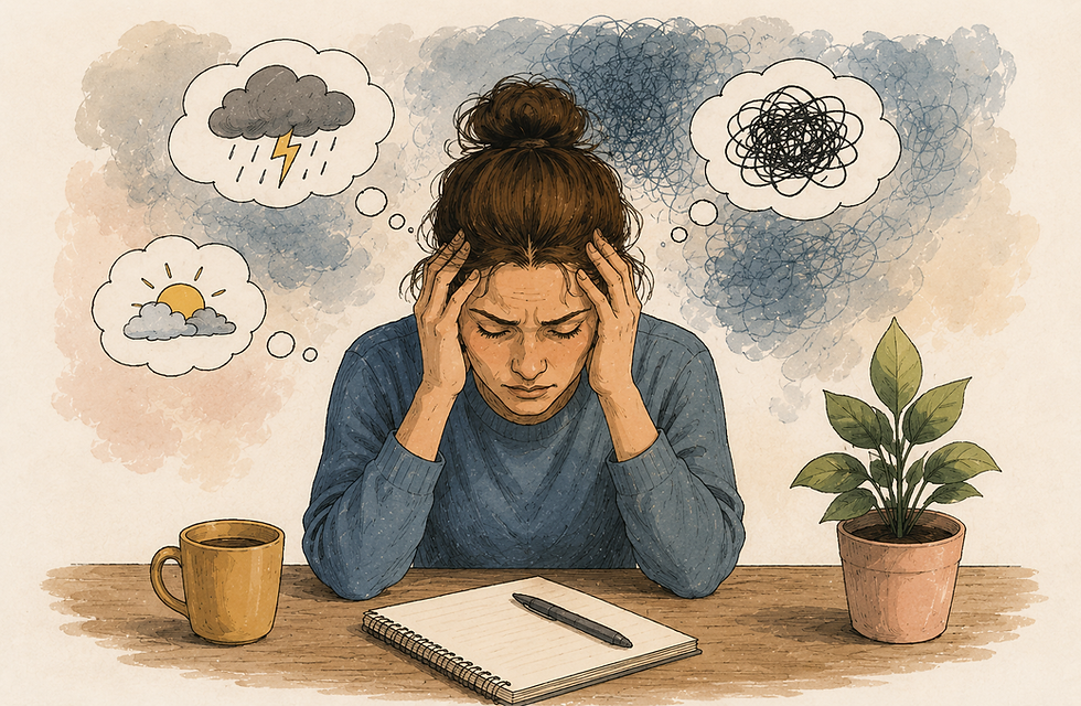 Illustratie van een vrouw met een vol hoofd en piekergedachten