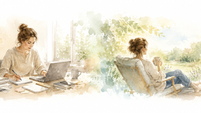 Aquarelillustratie van een vrouw die geconcentreerd aan het werk is aan een bureau, terwijl dezelfde vrouw in een rustige tuin ontspannen zit met een kop thee. De afbeelding verbeeldt het verschil tussen automatisch doorgaan en verlangen naar rust.