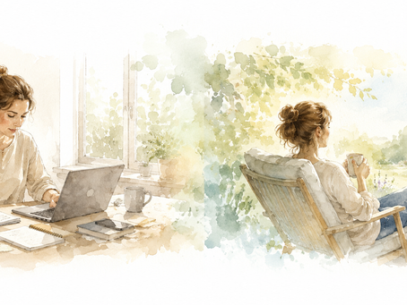 Aquarelillustratie van een vrouw die geconcentreerd aan het werk is aan een bureau, terwijl dezelfde vrouw in een rustige tuin ontspannen zit met een kop thee. De afbeelding verbeeldt het verschil tussen automatisch doorgaan en verlangen naar rust.