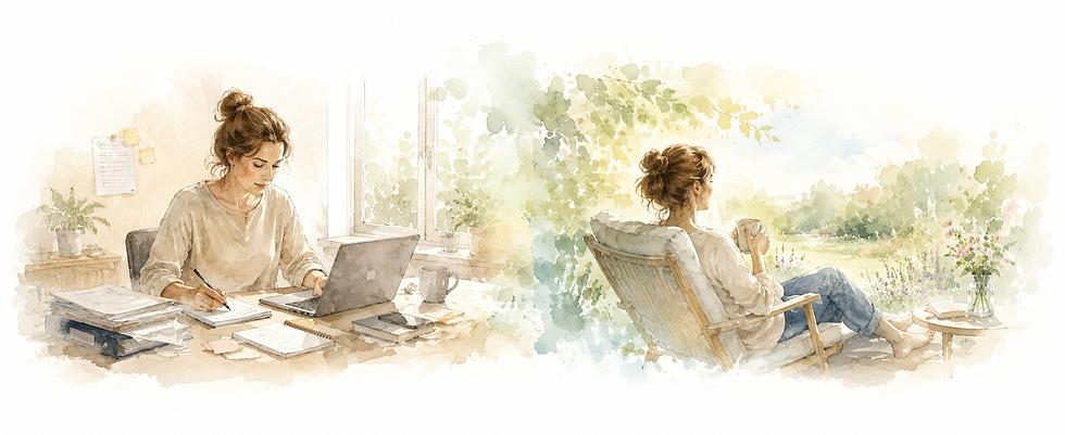 Illustratie van dezelfde vrouw die eerst geconcentreerd aan het werk is en later ontspannen buiten zit. De afbeelding laat zien hoe meer rust in je lichaam kan helpen om anders te reageren op situaties.