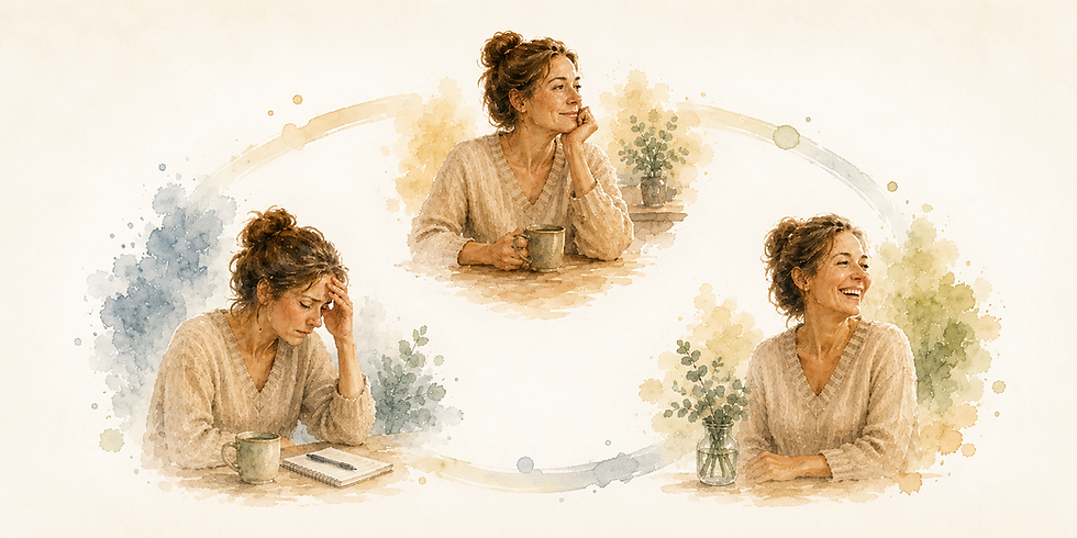 Aquarelillustratie van dezelfde vrouw in drie verschillende stemmingen: ontspannen, gespannen en blij. De illustratie laat zien hoe gevoelens en beleving gedurende de dag kunnen veranderen.