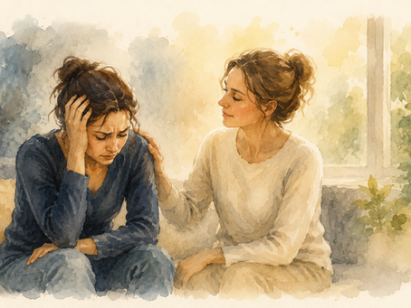 Rustige vrouw legt haar hand op de schouder van een gespannen vrouw. De illustratie laat zien hoe rust en steun kunnen helpen om spanning te verminderen en verbeeldt co-regulatie.