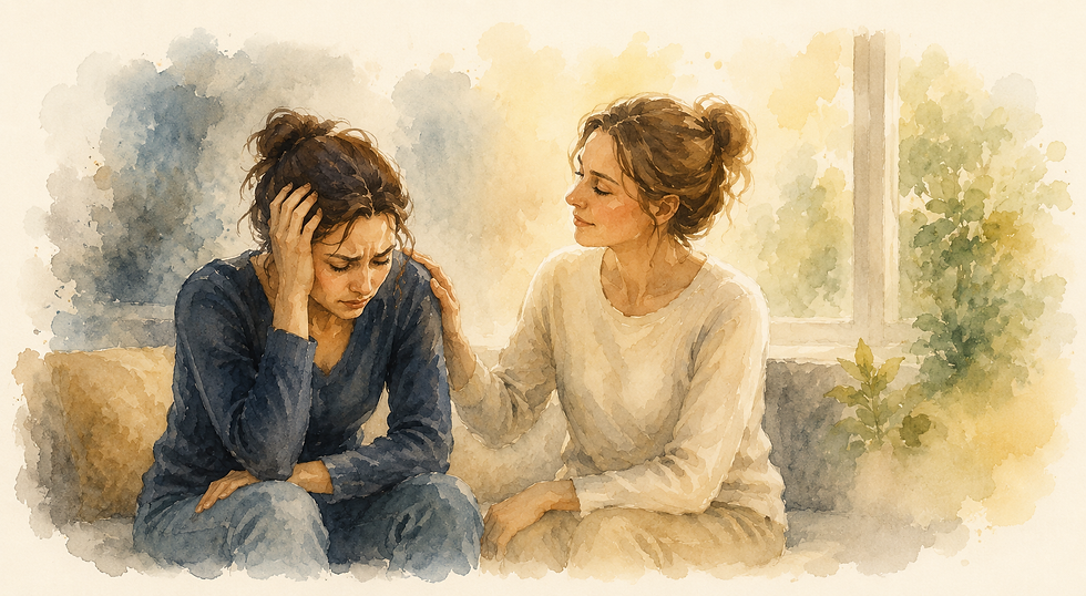 Rustige vrouw legt haar hand op de schouder van een gespannen vrouw. De illustratie laat zien hoe rust en steun kunnen helpen om spanning te verminderen en verbeeldt co-regulatie.