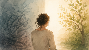 Illustratie van een vrouw tussen oude patronen en nieuwe mogelijkheden