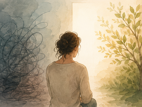 Illustratie van een vrouw tussen oude patronen en nieuwe mogelijkheden