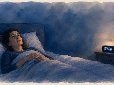 Vrouw ligt 's nachts wakker in bed en staart naar het plafond. Op het nachtkastje staat een wekker op 03.00 uur. De aquarelillustratie verbeeldt slapeloosheid en een lichaam dat moeilijk tot rust komt.
