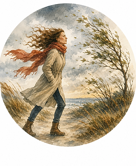 Illustratie van een vrouw die tegen de wind in loopt, als symbool voor omgaan met stress en het vergroten van veerkracht.