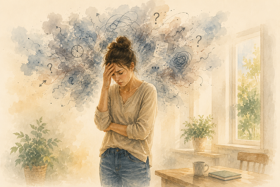 Illustratie van een vrouw die piekert. Rond haar hoofd zweven donkere gedachten en vraagtekens, terwijl de rustige omgeving laat zien dat ook gedachten alleen al spanning in het lichaam kunnen oproepen.