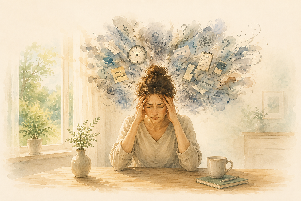 Illustratie van een vrouw die zich overweldigd voelt door gedachten en prikkels. De afbeelding verbeeldt hoe langdurige stress het zenuwstelsel voortdurend alert kan houden.